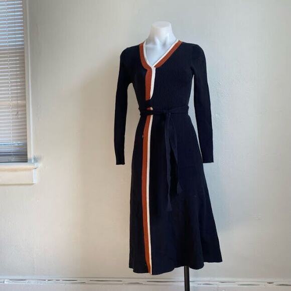 Caara Size Small Cedar Midi Dress Knit A Line Black Orange White Striped Belted - Picture 3 of 12